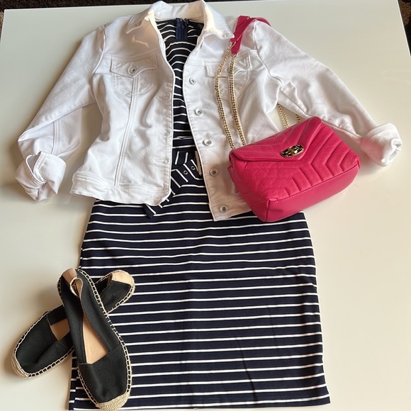 Papillon Striped Belted Ponte Shift Dress, navy and white - Picture 2 of 9